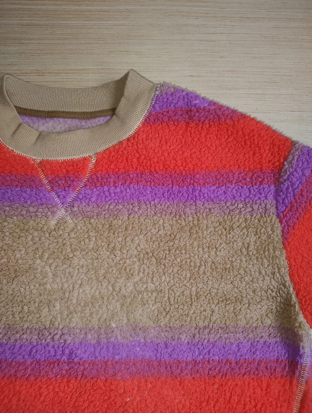Koolaburra UGG Fuzzy Sherpa Pullover Sweatshirt Beige Orange Striped Sweater M P